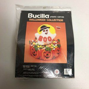 Bucilla Boo Basket Vintage 1990 Halloween Treat Dish Plastic Canvas Sealed Craft